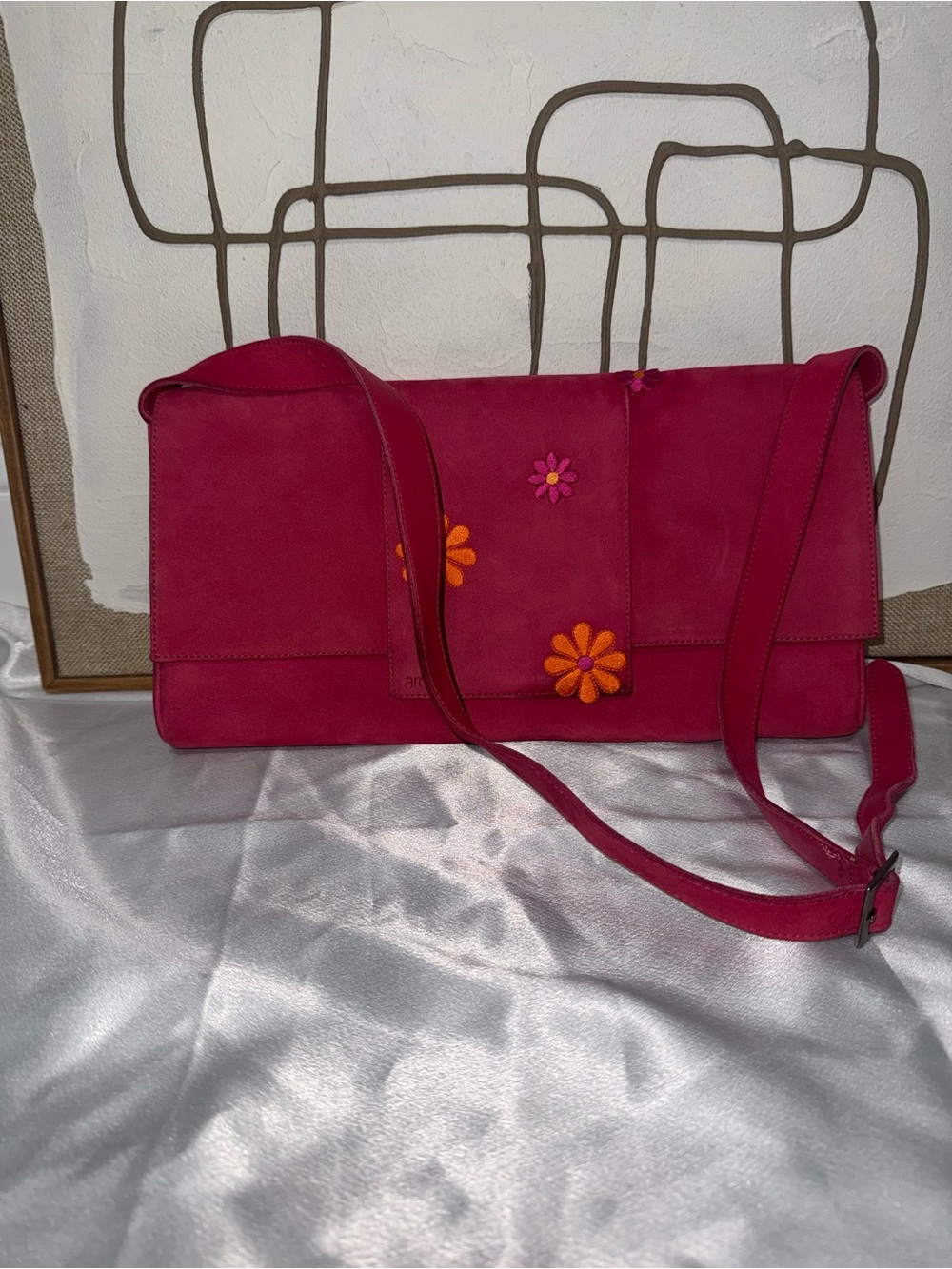 Arche Fuchsia Suede Shoulder Bag with Orange Floral Appliqués